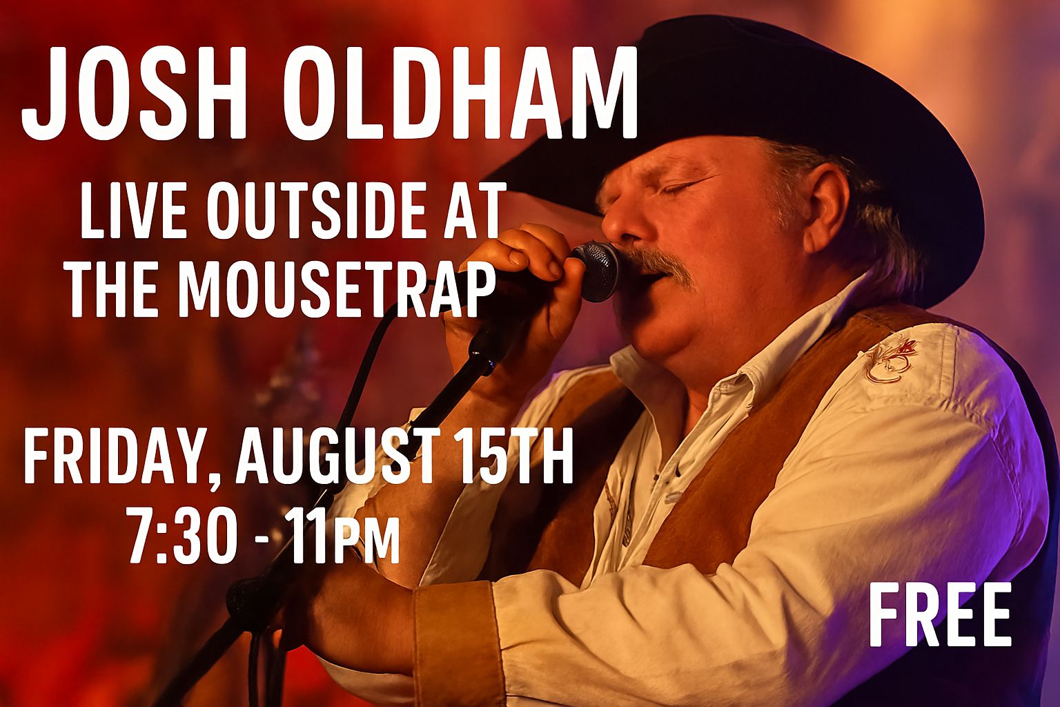 Josh Oldham- Outside at The Mousetrap- FREE Show! - Friday, August 15th